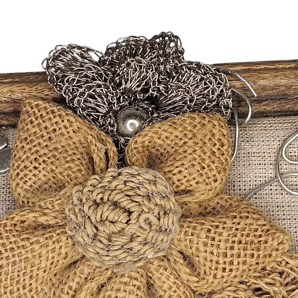 Jewelry Box Brown Wooden Trinket Box With Burlap And Silver Metal Flowers 10x5x3